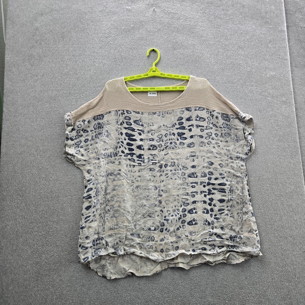 Lungo L'Arno Women Blouse 3X Beige Cotton Linen Animal Print Boho Crochet Italy